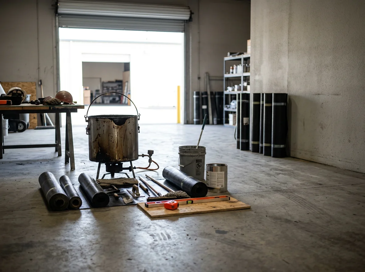 Professional shower pan waterproofing tools and equipment ready for installation work.