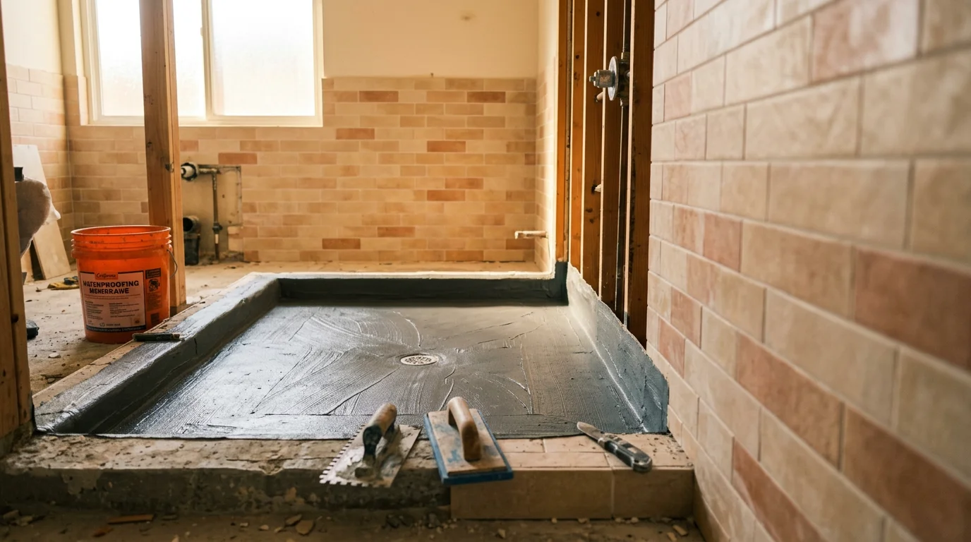 Waterproofed substrate prepared for tile installation in bathroom