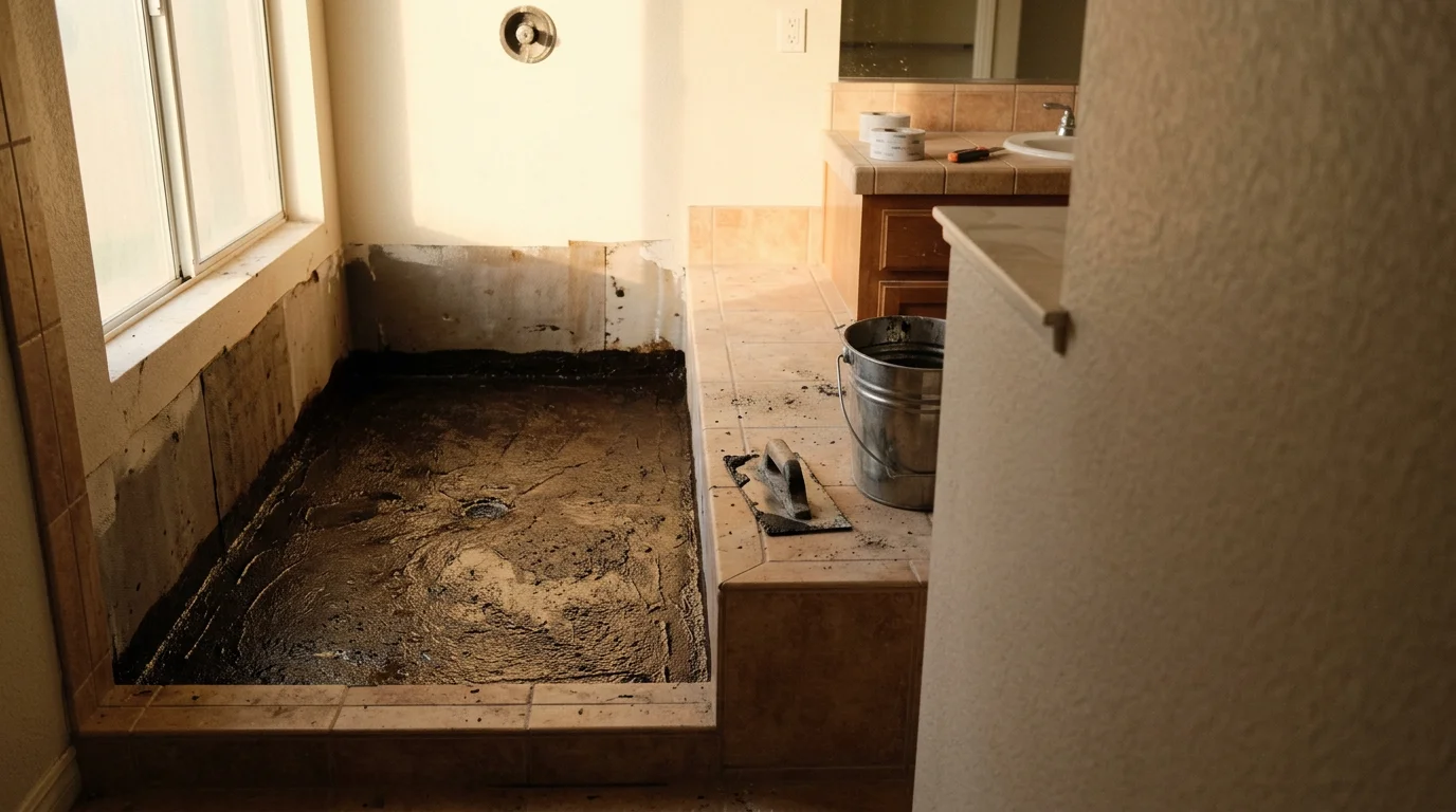 Hot mop waterproofing application on a shower pan