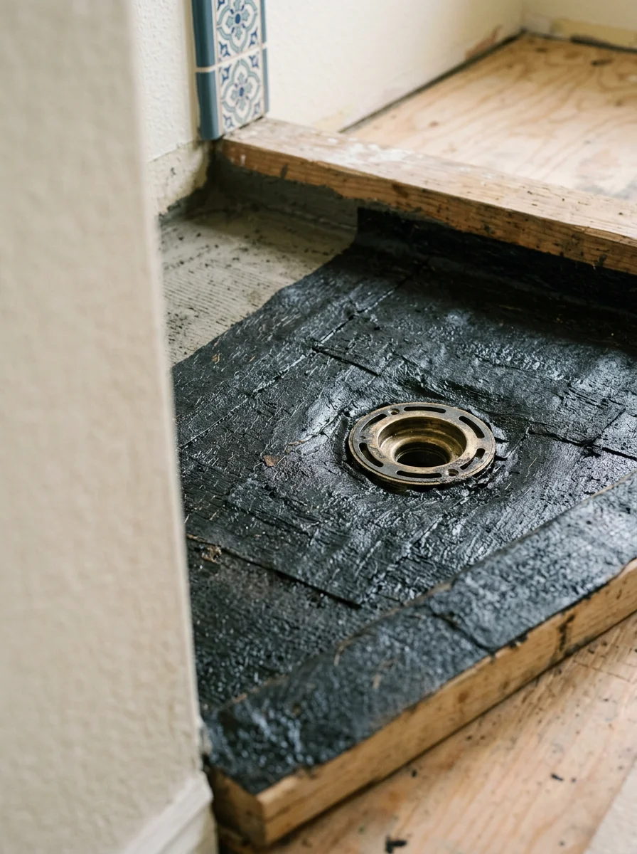 Close-up of hot mop waterproofing applied to a shower pan in a Carlsbad La Costa home, with asphalt layers visible at the drain flange and felt paper extending up the shower curb.