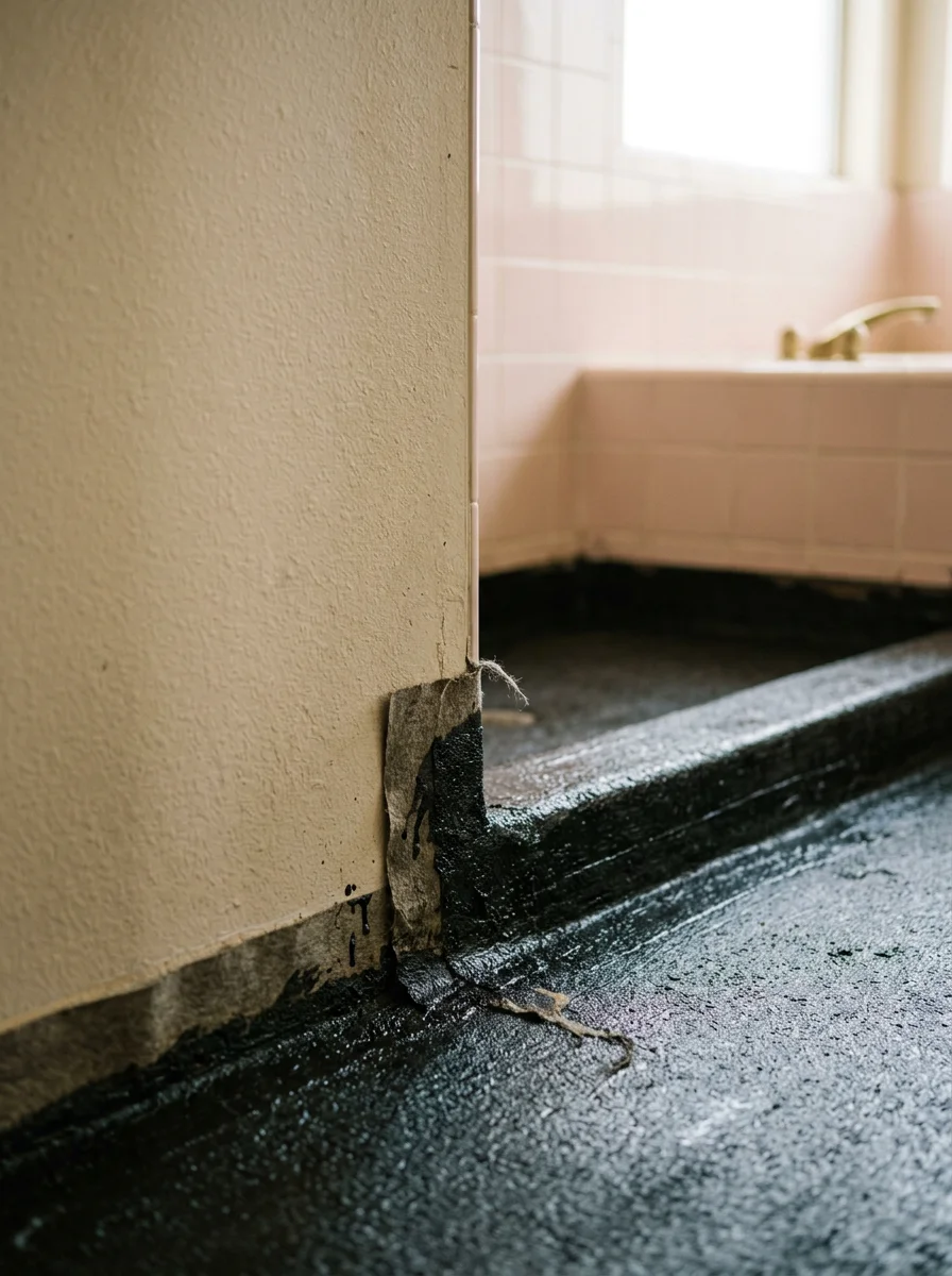 Contractor finishing a hot mop shower pan in a 1990s-era Corona home bathroom, with dark asphalt visible on the mortar bed and felt paper extending up the shower curb.