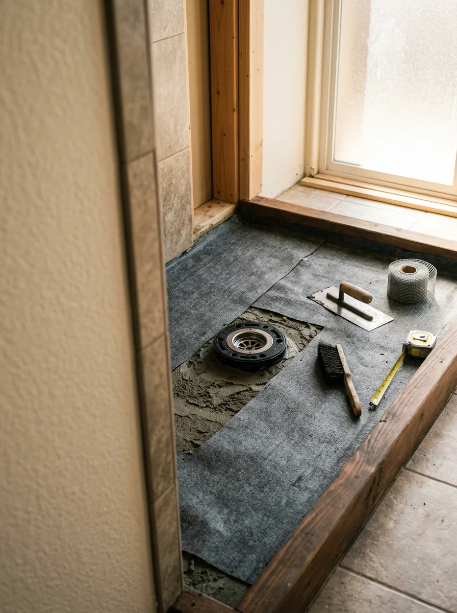 Contractor applying hot liquid asphalt to a shower pan in a Menifee subdivision home, with felt paper layers visible on the mortar bed and the drain flange centered in the pan.