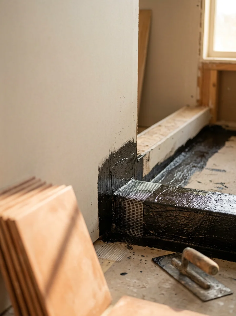 Close-up of hot mop waterproofing applied to the corner seam of a shower pan in a Murrieta Spanish-style home remodel, with fiberglass mesh reinforcement visible at the curb junction.
