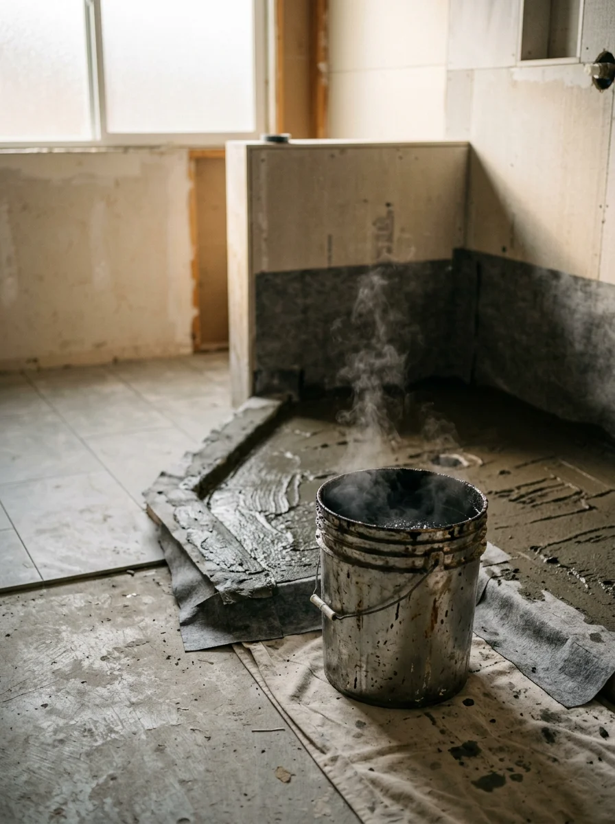 Contractor applying hot liquid asphalt to a shower pan in an Orange County bathroom remodel, with felt paper layers visible on the mortar bed.