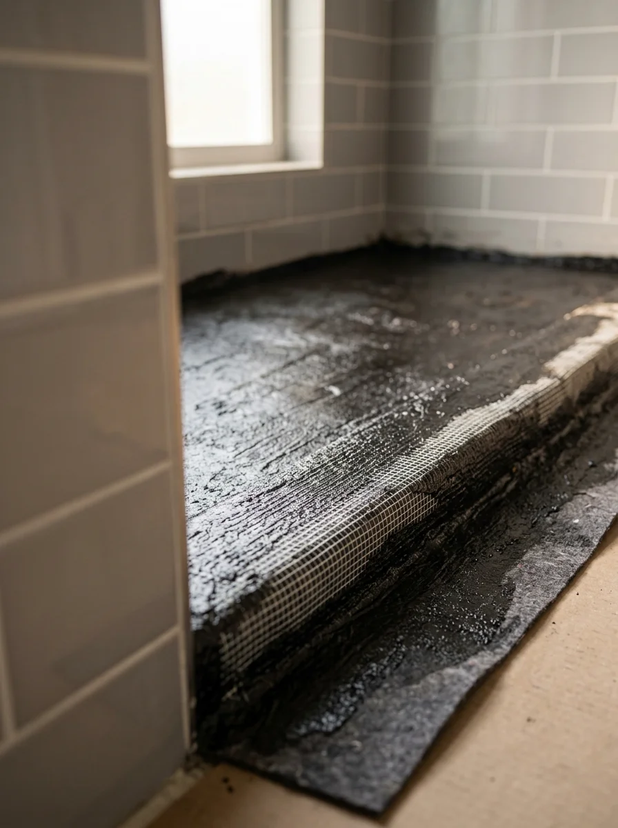 Close-up of layered hot mop asphalt and felt waterproofing on a shower floor in a Riverside bathroom remodel, with fiberglass mesh visible at the corner seam.