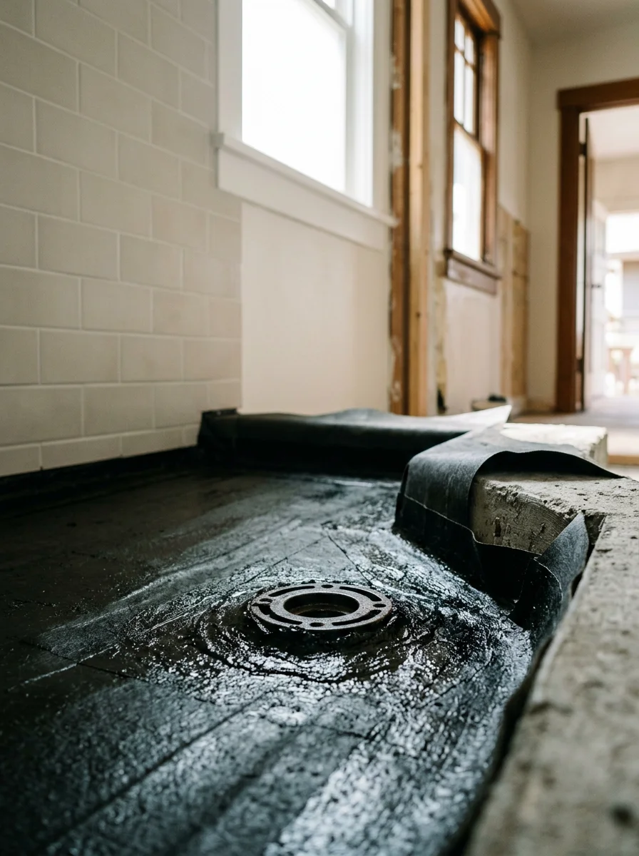Close-up of a completed hot mop shower pan in a San Diego Craftsman home remodel, with asphalt layers visible at the drain flange and felt paper extending up the curb.
