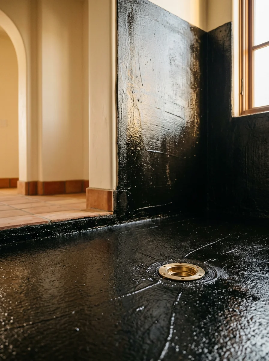 Freshly applied hot mop waterproofing on a shower floor in a Temecula Spanish Revival home, with dark asphalt layers visible at the drain flange and corner seams.