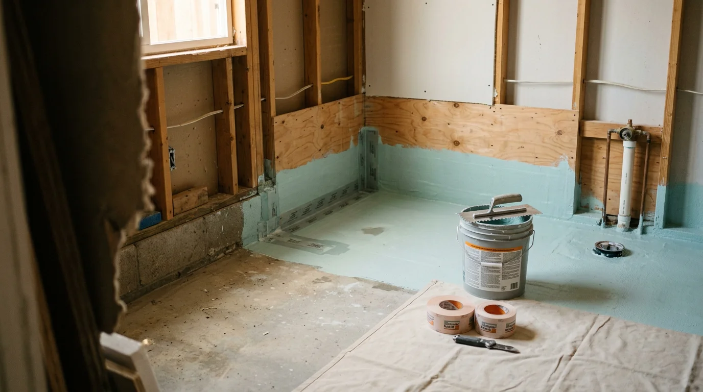 A licensed contractor applying waterproofing membrane to shower walls and floor during a bathroom remodel in a Riverside, CA home. The wet area substrate is fully sealed at corners and seams before tile installation.