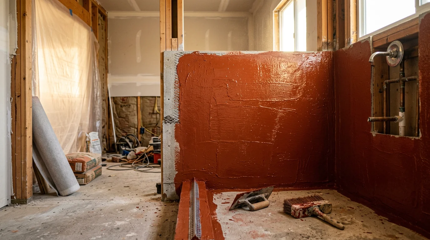 Waterproofing membrane applied to shower walls and floor during a bathroom renovation in Riverside, CA. The wet zone shows sealed corners, a drain transition, and wall coverage before tile installation.