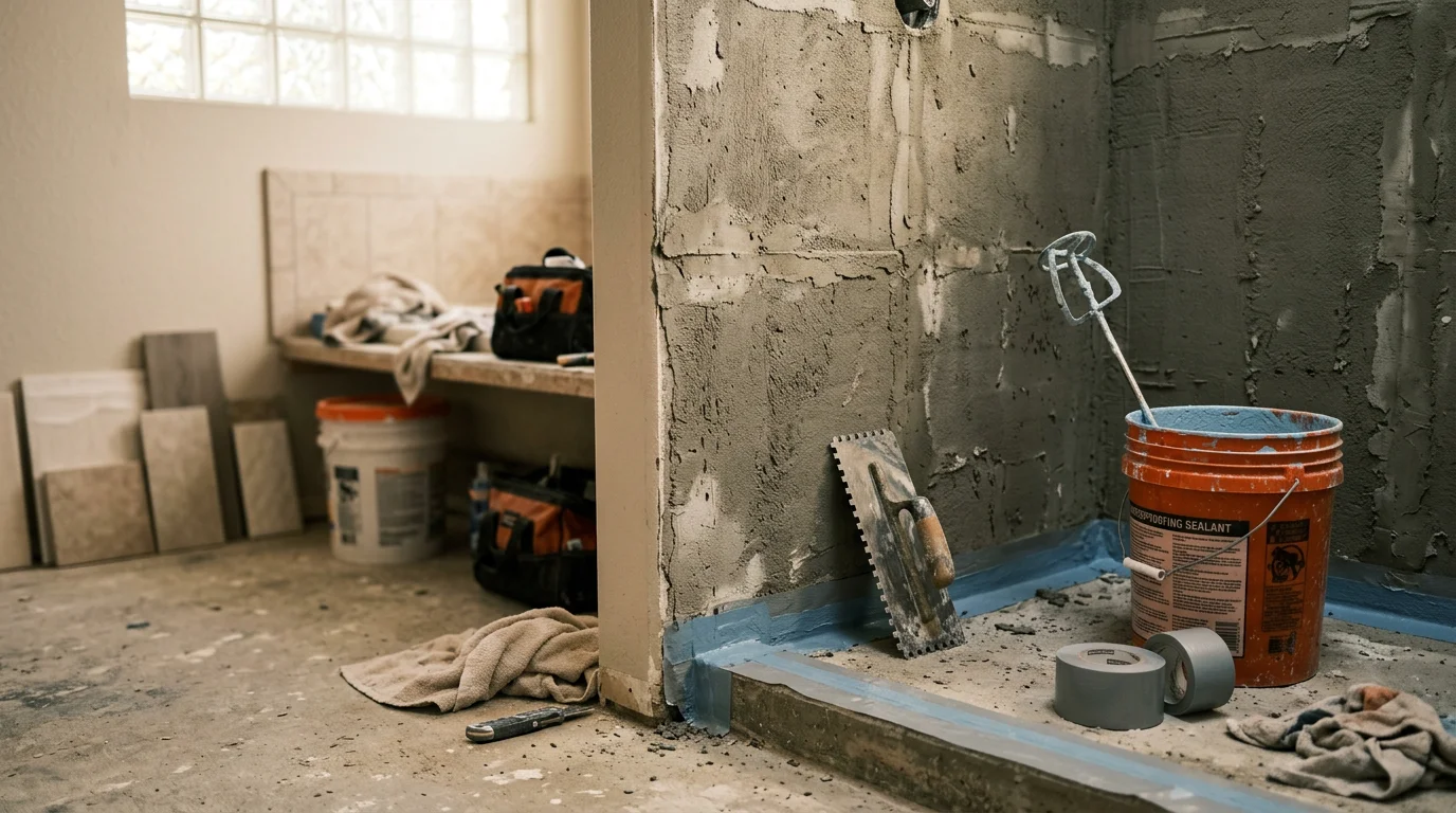 Close-up of a licensed tile contractor applying waterproofing membrane to bathroom tile floor and wall corners in a Riverside, CA home. The image shows the floor-to-wall transition sealed and ready for tile installation.