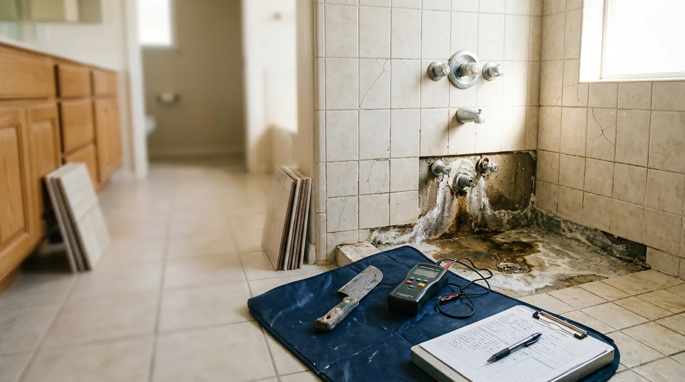 A licensed contractor examining the shower pan and tile transitions in a Riverside, CA bathroom during a waterproofing consultation. Close-up view of wet-zone surfaces being assessed for moisture damage and sealing gaps.