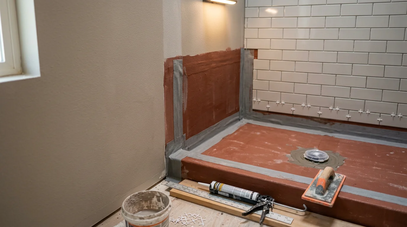 A licensed waterproofing technician applying a membrane system to a bathroom shower pan and wall base in a Riverside, CA home. The image shows the wet-area layers before tile installation, with sealed corners and a continuous waterproof barrier visible.