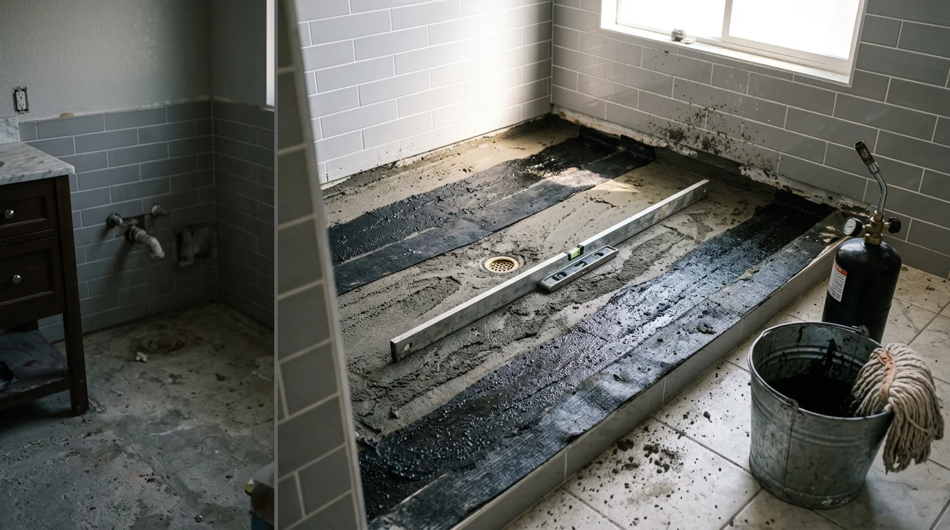 Completed hot mop shower pan installation in a Riverside, CA bathroom, showing the dark asphalt-and-felt waterproof membrane layered over a pre-sloped mortar bed with the drain flange secured at center.