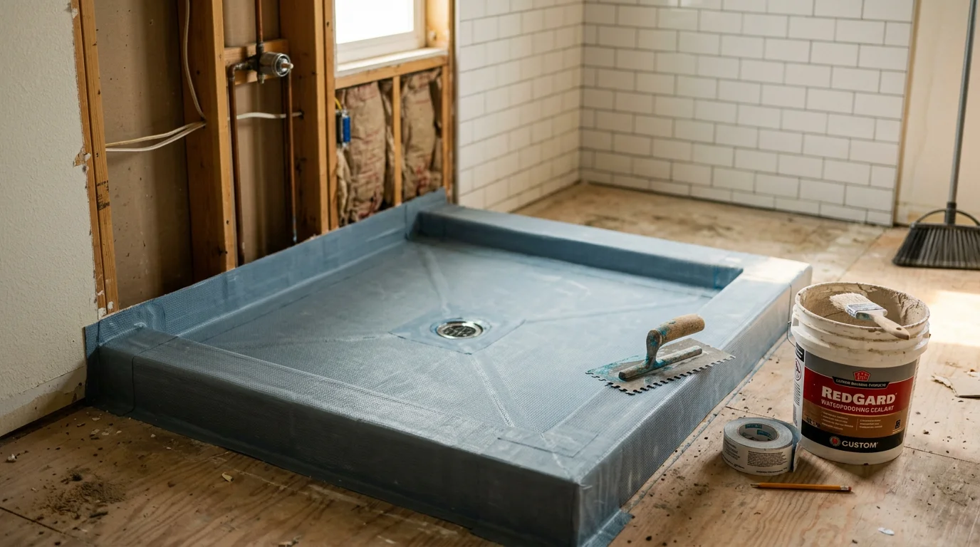 A freshly waterproofed shower pan and tiled surround inside a Riverside, CA home, showing sealed wall substrate and finished floor ready for daily use.