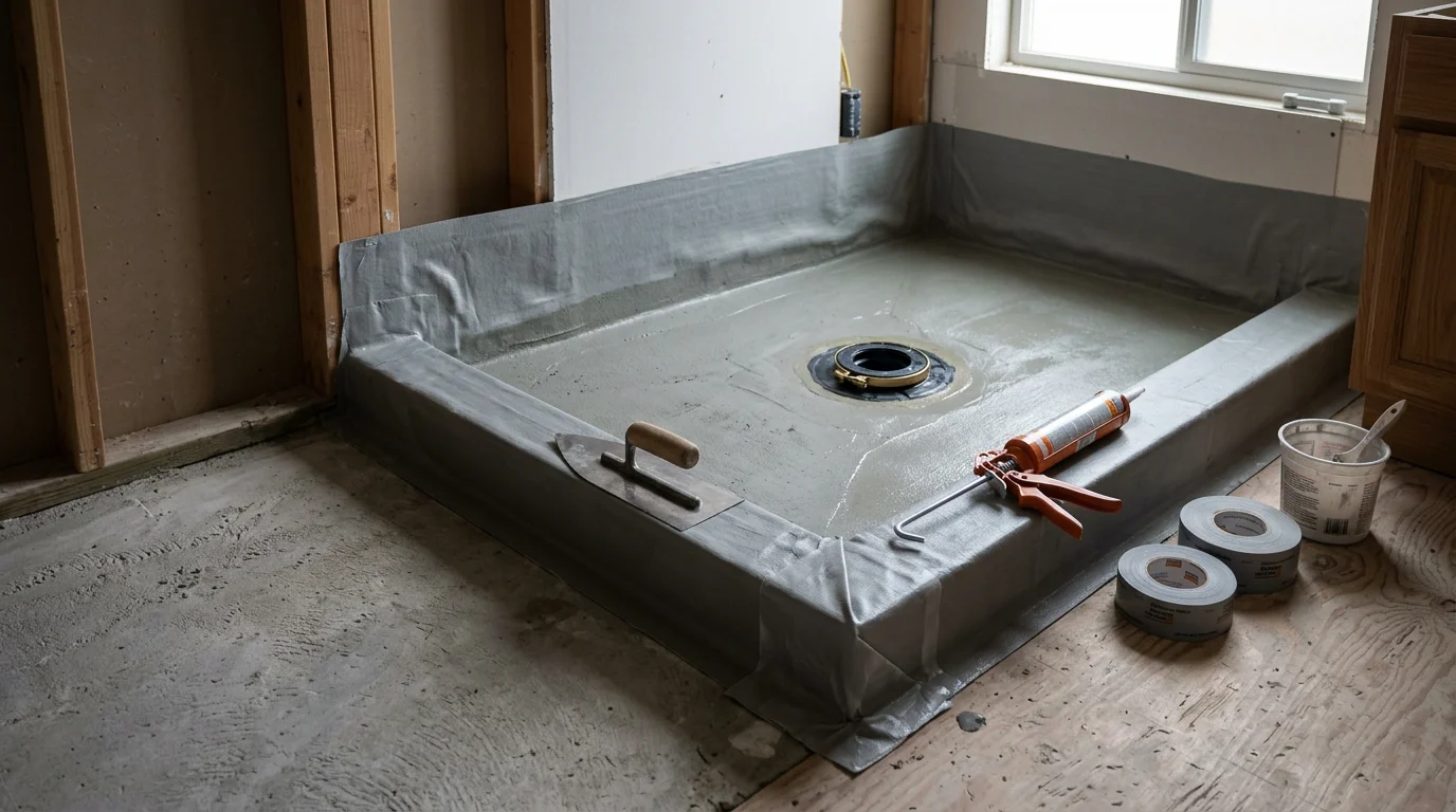 A freshly waterproofed shower pan floor with sealed drain collar and corners in a Riverside, CA bathroom, ready for tile installation. The mortar bed shows a proper slope toward the center drain with no gaps at the curb or wall transitions.