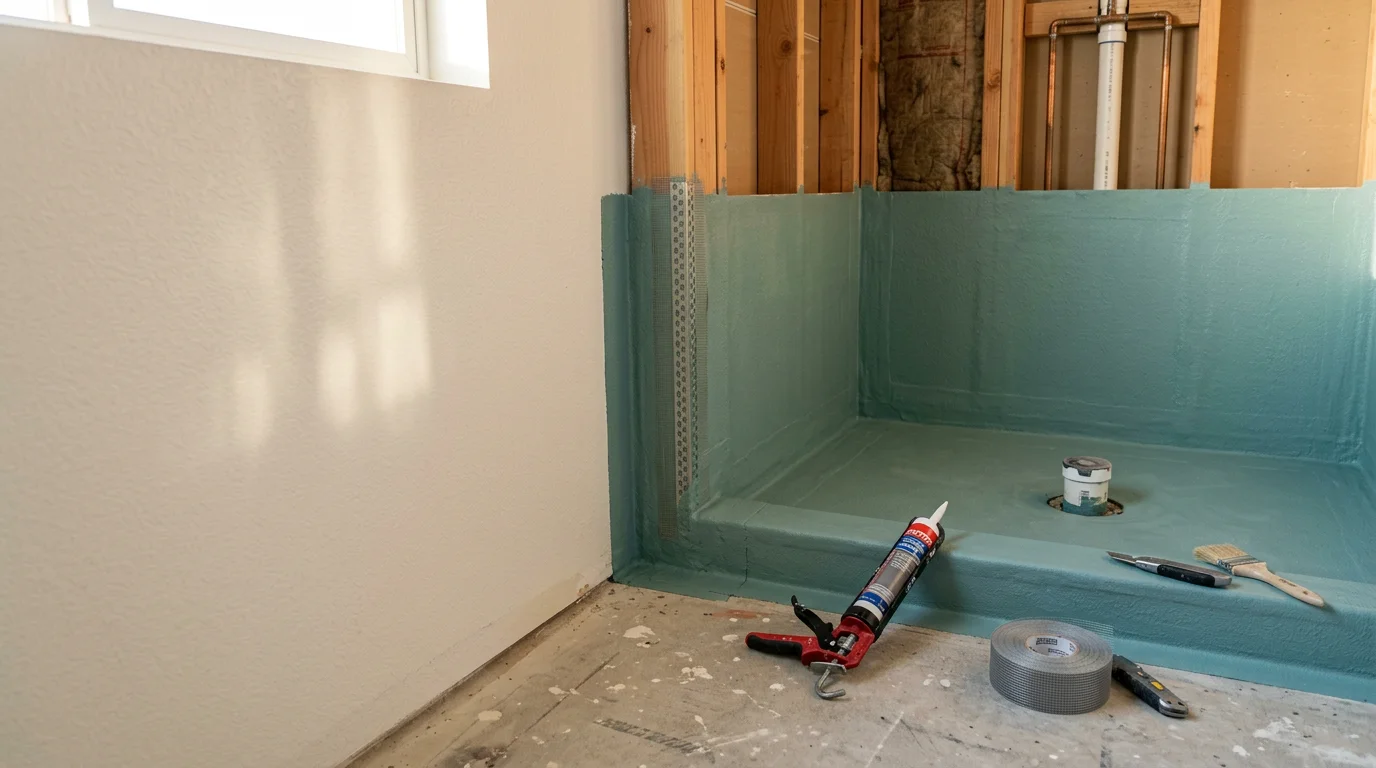 A licensed tile contractor applying a waterproofing membrane to shower walls and floor in a Riverside, CA home before tile installation. The image shows sealed corners, drain transition, and continuous membrane coverage across the shower enclosure.