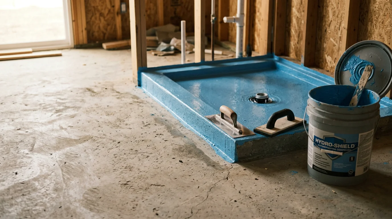 Freshly installed tile in a Riverside, CA home with a waterproofing membrane visible at the substrate layer before tile setting. Close-up view shows the waterproofing application stage of a professional tile installation project.
