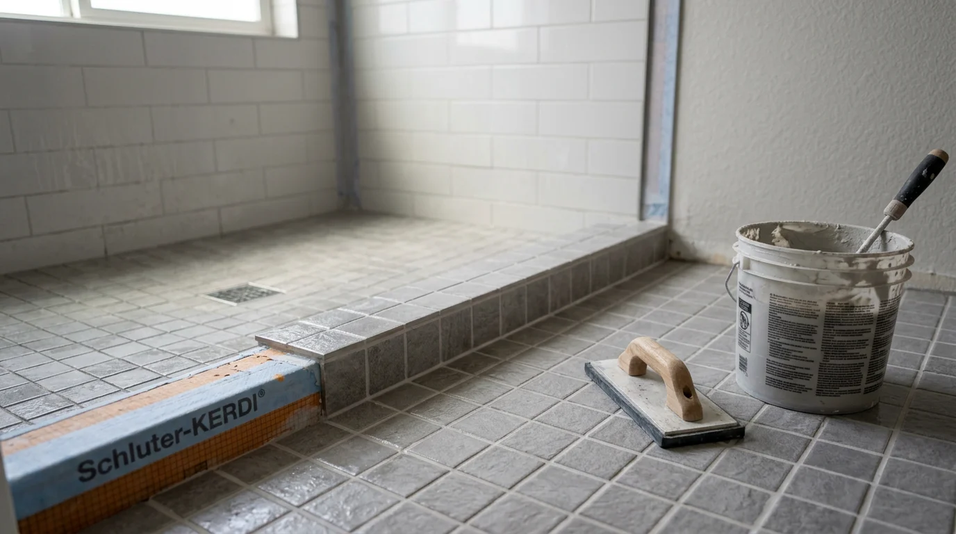 Close-up of a licensed tile contractor repairing cracked grout and restoring the waterproofing layer on a tiled surface in a Riverside, CA home. The repaired section shows fresh grout lines and a clean, watertight finish alongside the existing tile field.