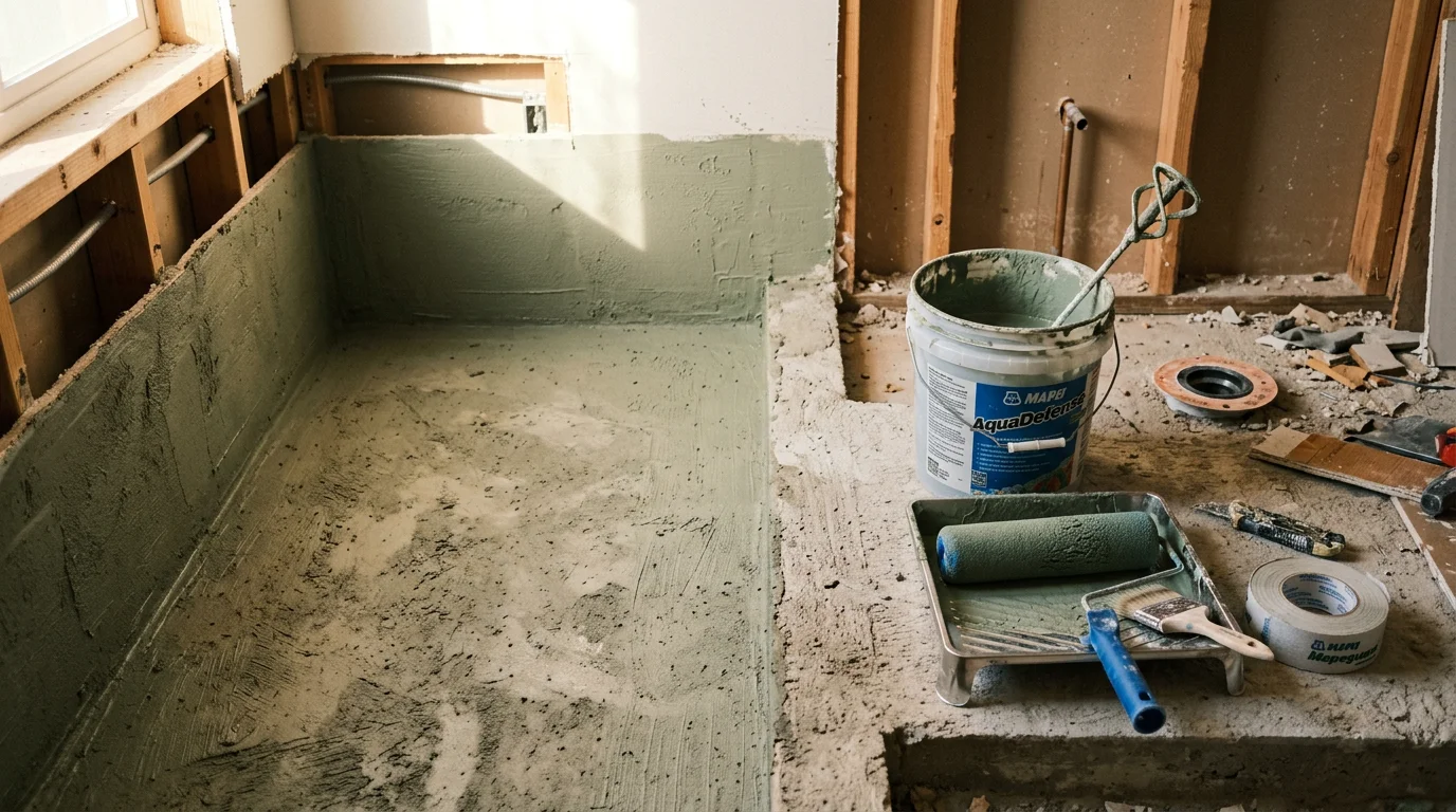 A licensed tile contractor applying waterproofing membrane to a bare substrate on a bathroom floor in a Riverside, CA home before tile installation. The surface shows the prepared substrate layer ready to receive tile.