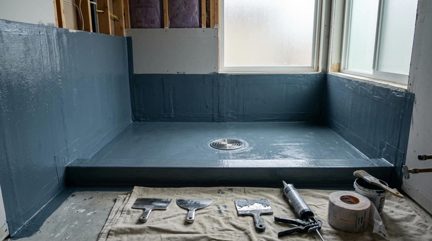 A freshly waterproofed walk-in shower pan and lower wall surfaces in a Riverside, CA home, showing sealed corners and drain area before tile installation. The exposed waterproof membrane covers the floor and wall joints of the open shower space.