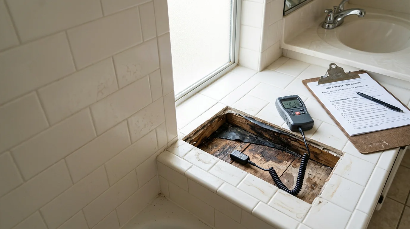 A waterproofing inspector examining the shower pan, drain connection, and wall-to-floor junction in a residential bathroom in Riverside, CA. Close-up view of the wet-area assembly before tile covers the membrane.