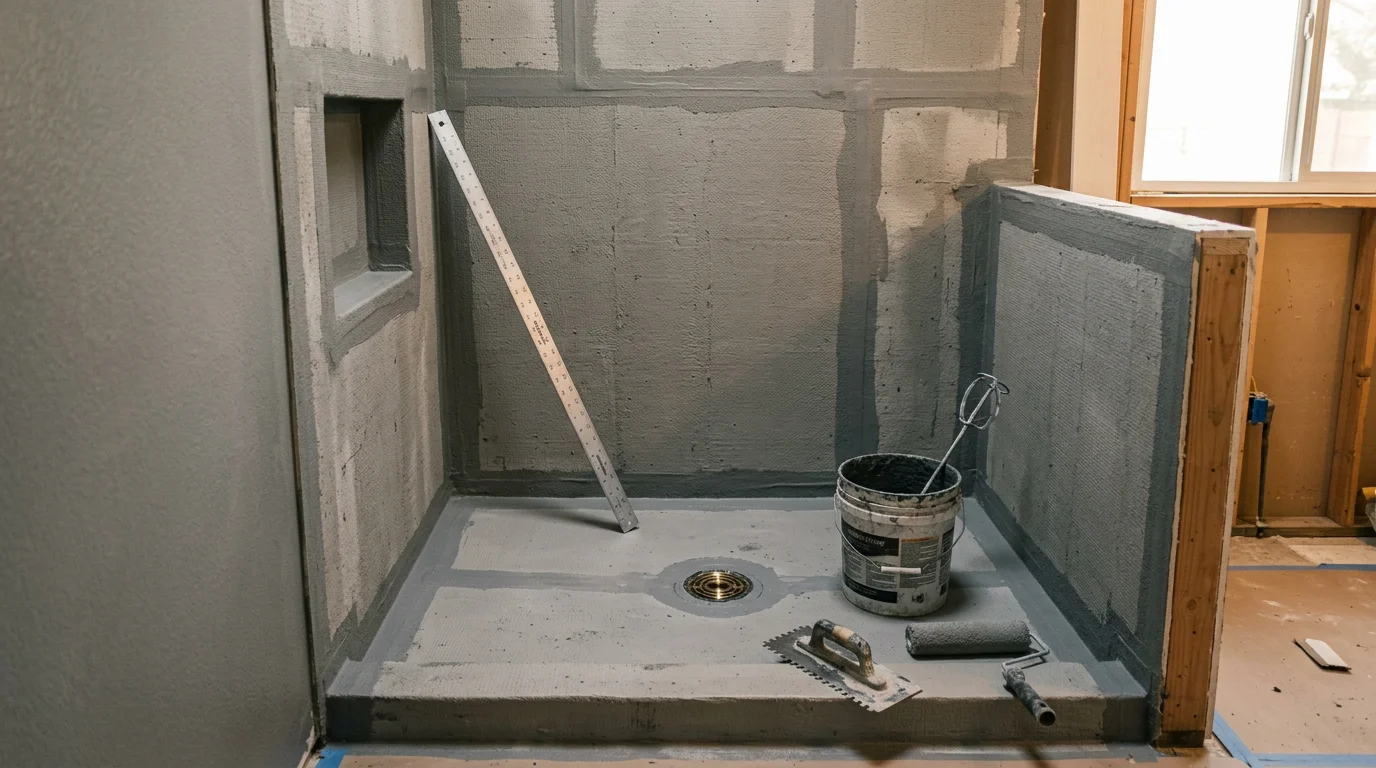 A freshly waterproofed shower interior in a Riverside, CA home showing sealed wall and floor surfaces, treated corner junctions, and a membrane-covered niche before tile installation. The wet area waterproofing layer is visible across all surfaces prior to tiling.